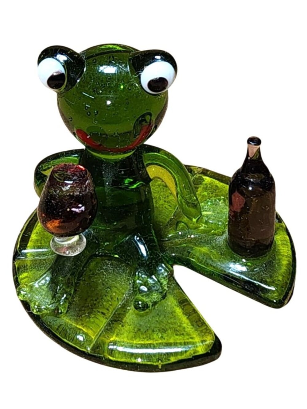 Vintage Blown Glass Frog Lily Pad Wine Glass Figure Figurine Knick Knack Gift